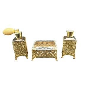 Vintage Ormolu Filigree Gold Gilt Vanity Set Perfume Bottles & Soap Dish 3 pcs
